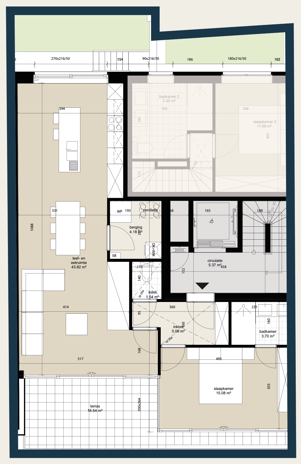 Grondplan appartement 2 uit de projectbrochure